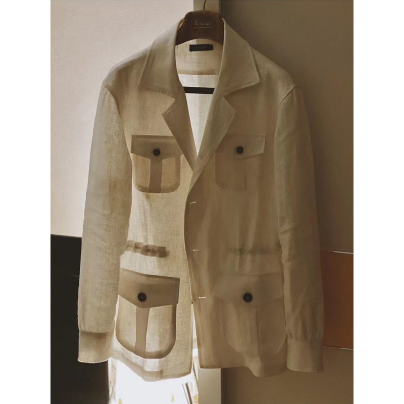 Vintage Hunting Jacket Spring Summer New Casual Multi-Pocket Suit Jacket Heavy Linen Workwear Trendy Top