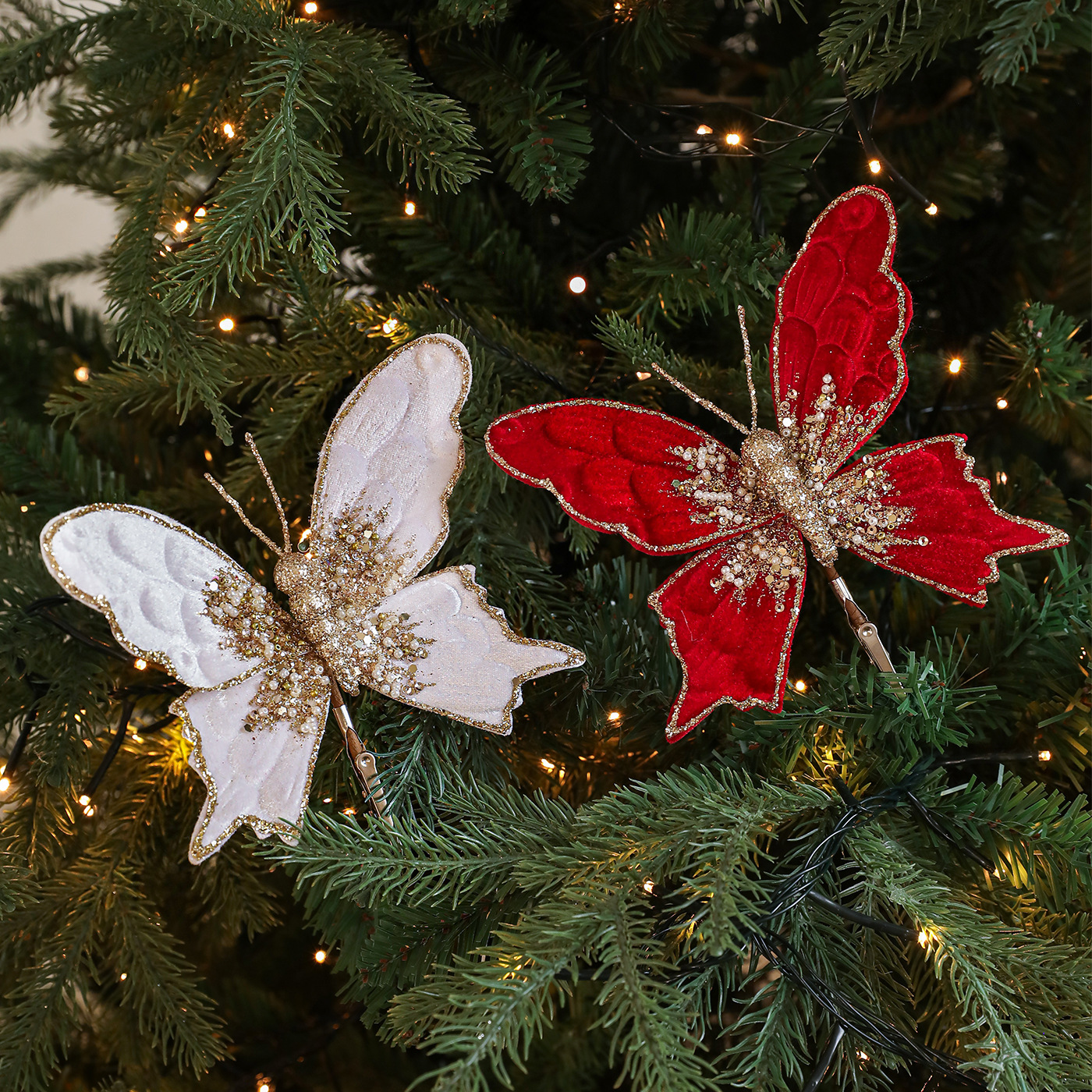 Nuevos productos de tela de alta calidad abrazadera de arco de tela de vello floquete polvo adhesivo árbol de Navidad decoración colgante diseño de escena en stock