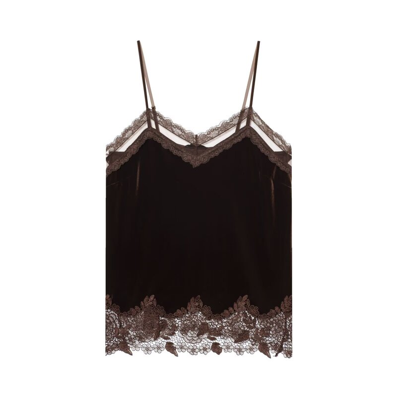 European and American Autumn New Women's Elegant Sleeveless Slim Lace Velvet Camisole Top