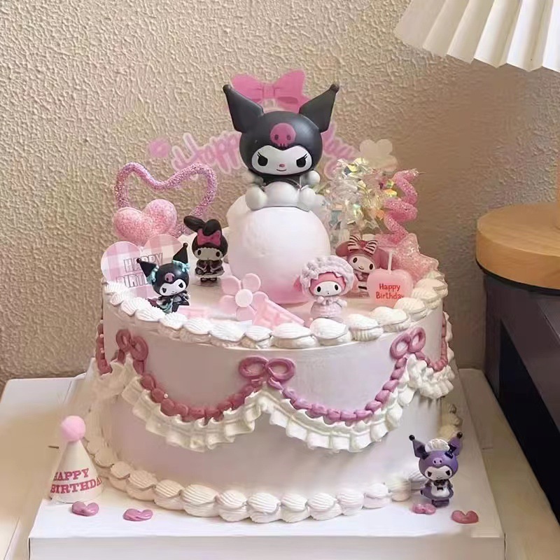 复古黑粉系库洛米蛋糕装饰带灯光摆件儿童宝宝生日派对雨丝插件|undefined