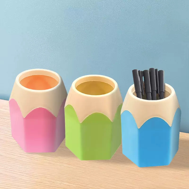 彩色铅笔头笔筒学生办公学习文具桌面收纳桶六角形笔筒撞色归纳筒