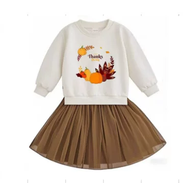 Gl0051 Cross-Border Export Children's Clothing Sweatshirt Thanksgiving Print Mesh Dress