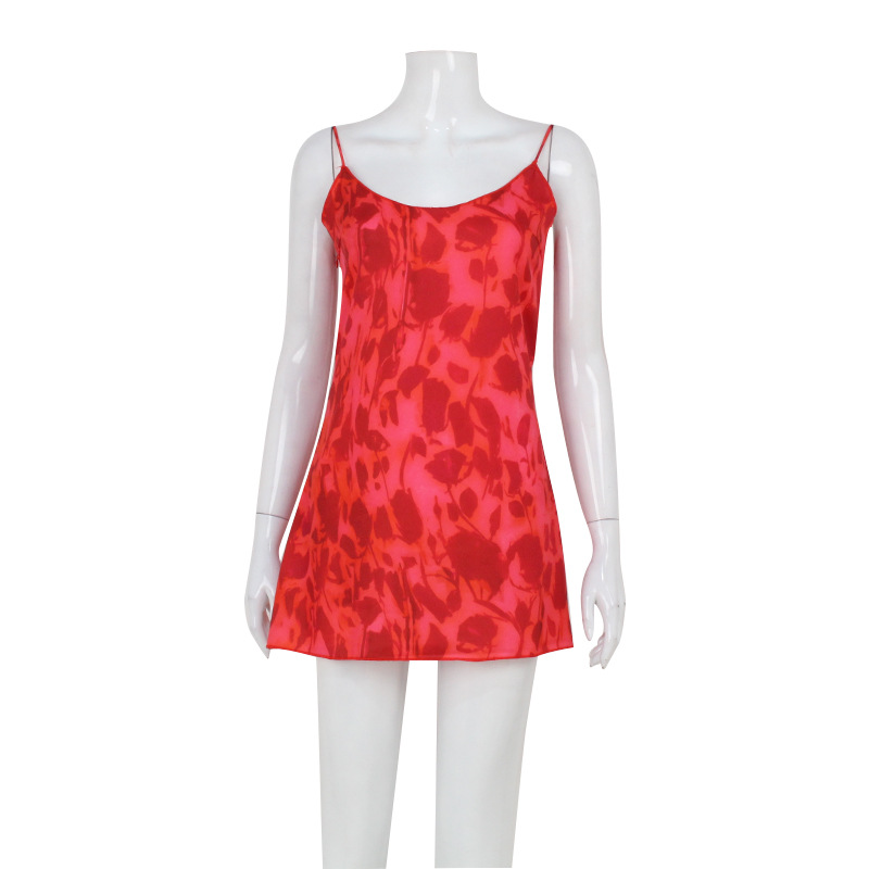 161g Weight Above Knee Dress Length Type Sleeveless Sleeve Length Strap Dress Dresses Type Sleeveless Sleeve Type Spandex, Polyester, Chiffon Fabric Type Elastic Waist Waist Line Date, Tea Party Occasion V Neck Neckline Slim Fit Type Printing Pattern 2025 Spring and Summer Season Printing Design European and American wind, Streetwear Style French Minority Red Printed V-neck Strap Sexy Dress Women's 2024 Summer New Waist Slimming Skirt 13