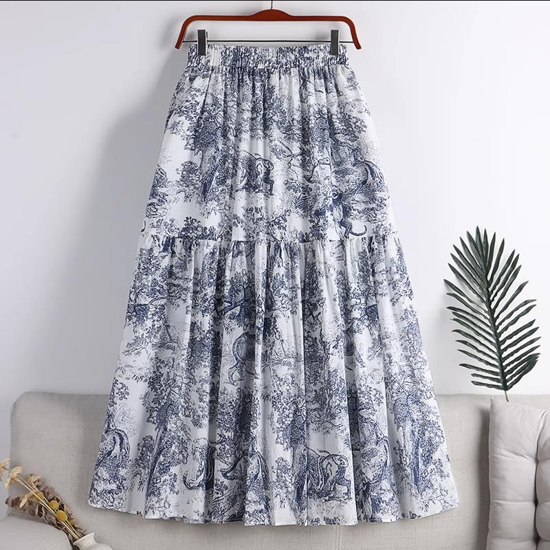 2023 Spring/Summer New High-Waisted Ancient Style Ink Painting Print Chiffon Midi Skirt with Wide Hem for Women