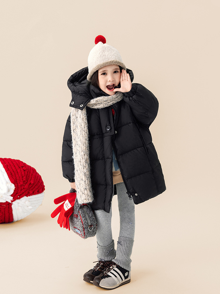 Niños nuevo estándar nacional 90 blanco con capuchón larga ropa de invierno para niñas bebés coreanos abrigo caliente y grueso