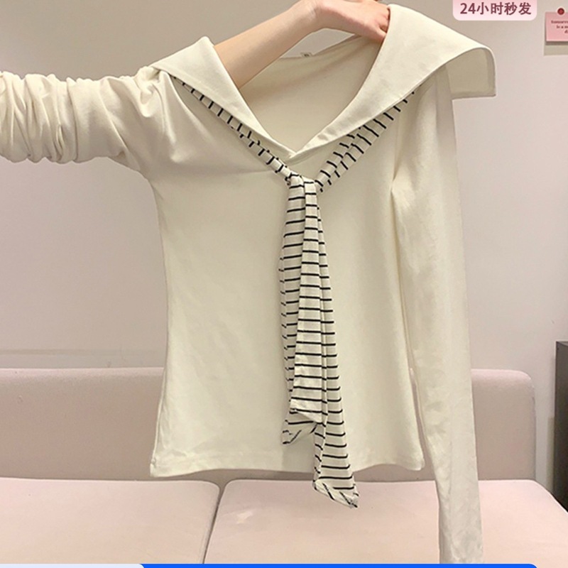 学院风白色海军领假两件长袖t恤女早秋修身miu系条纹领带v领上衣|undefined
