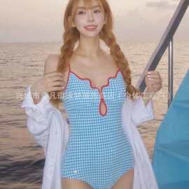 创意格纹显瘦绑带露背连体泳衣夏季沙滩温泉甜美性感吊带泳衣批发