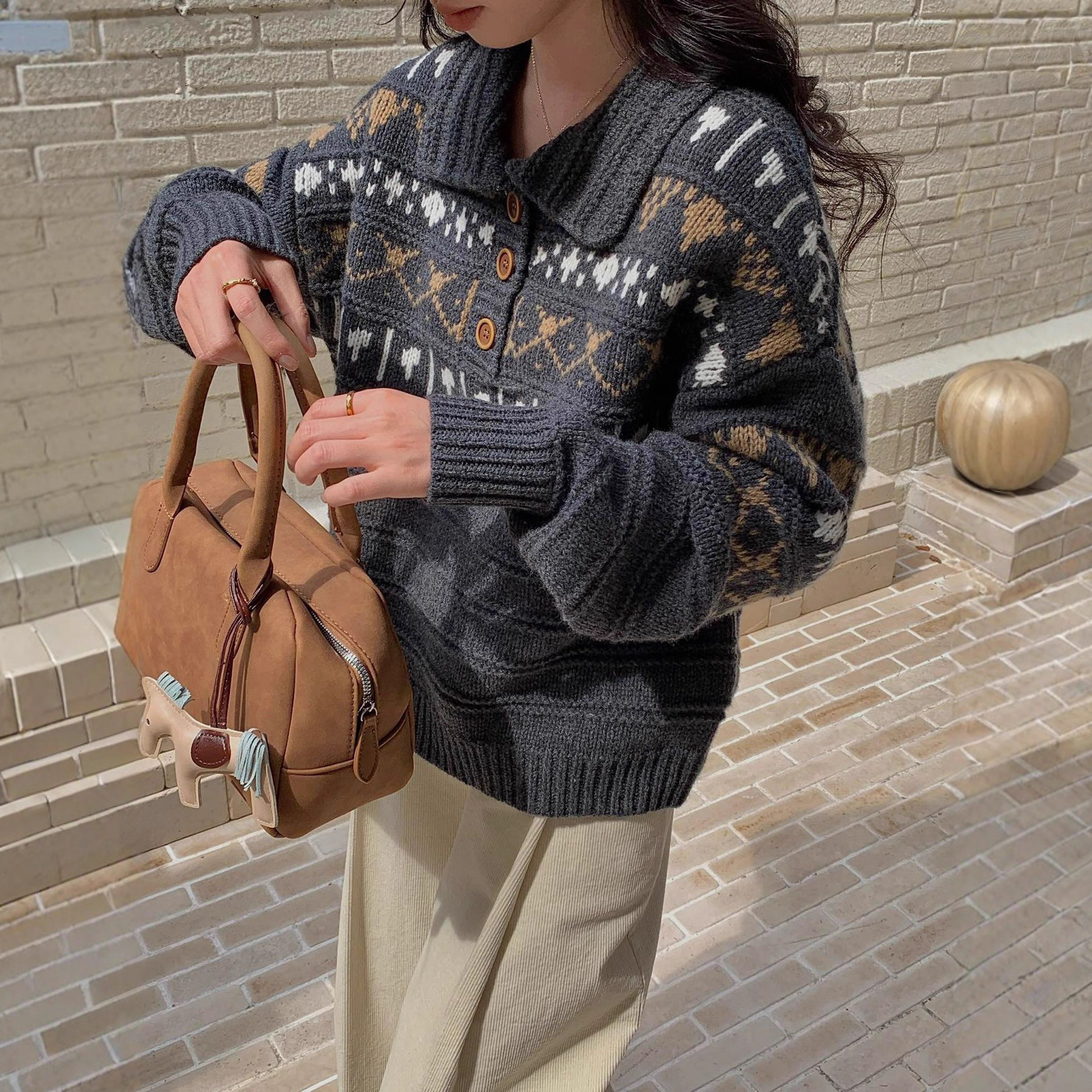 Isla de Fair retro solapa otoño invierno nuevo jersey Jacquard suelta chaqueta de alpaca suave glutinosa suéter mujer image 9