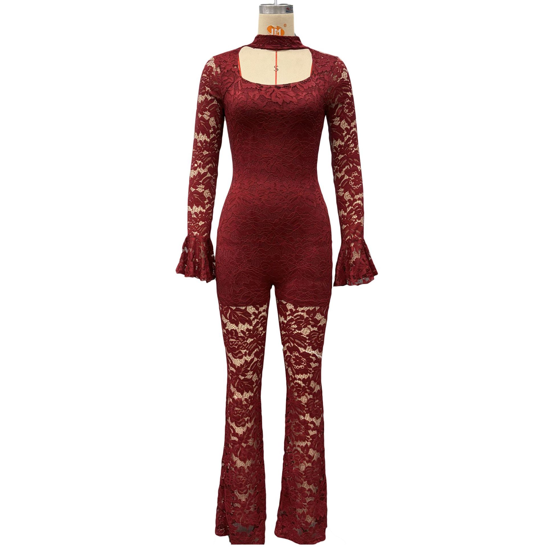 Comercio exterior otoño y invierno nuevo estilo de ropa de mujer europea y americana color sólido sexy cuerno hueco manga larga cintura delgada encaje jacket mujer