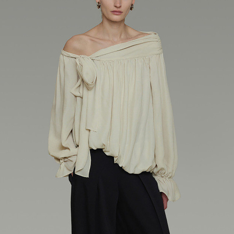 French-Style Irregular One-Shoulder Shirt for Women, Spring/Summer 2026 New Design, Tie-Up Off-Shoulder Women's Top