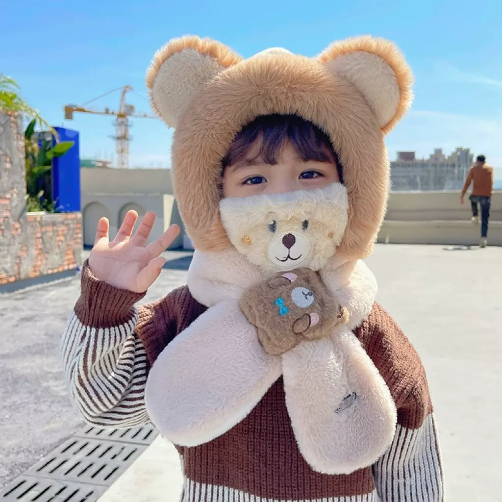 冬季儿童帽子围巾一体卡通毛绒帽加绒加厚保暖可爱小熊护耳帽批发