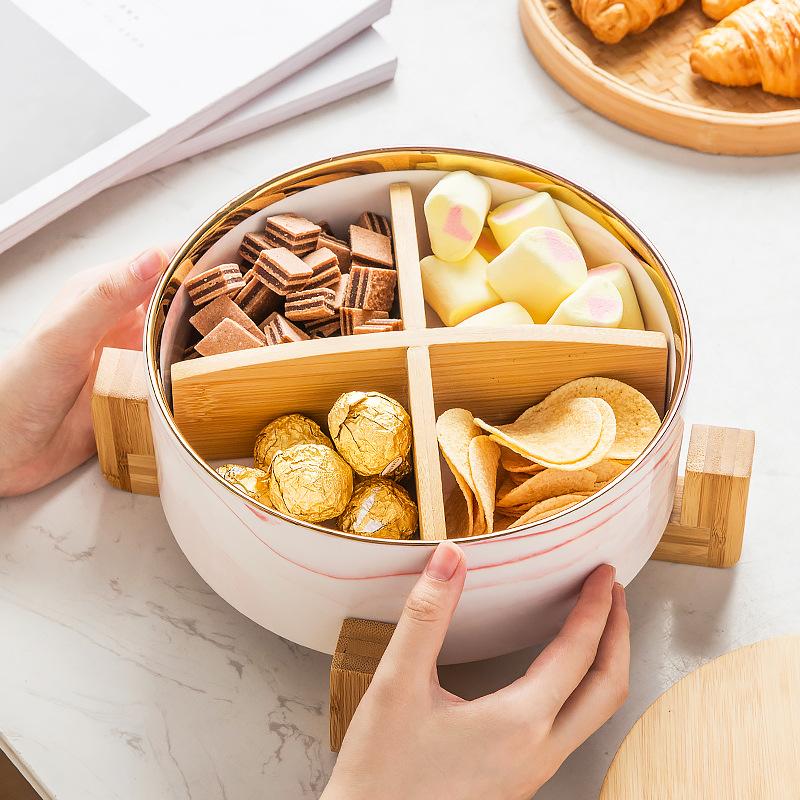 Caja de caramelo de roble de madera hogar sala de estar mesa de café plato de fruta seca de cerámica con tapa Internet Celebrity Snack plato de fruta