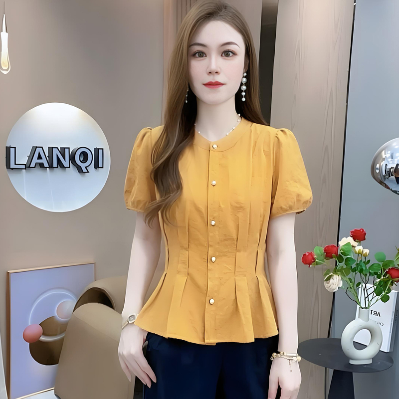 小个子百搭短袖衬衫女洋气通勤小衫夏装新款褶皱收腰上衣休闲衬衣|undefined