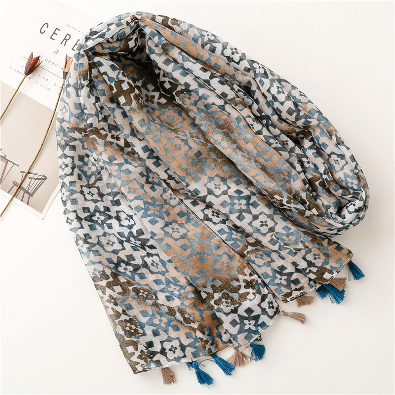 Printing Design Color Gradient Geometric Tassel Thin Section Yarn Long Section Sunscreen Shawl Gauze Scarf