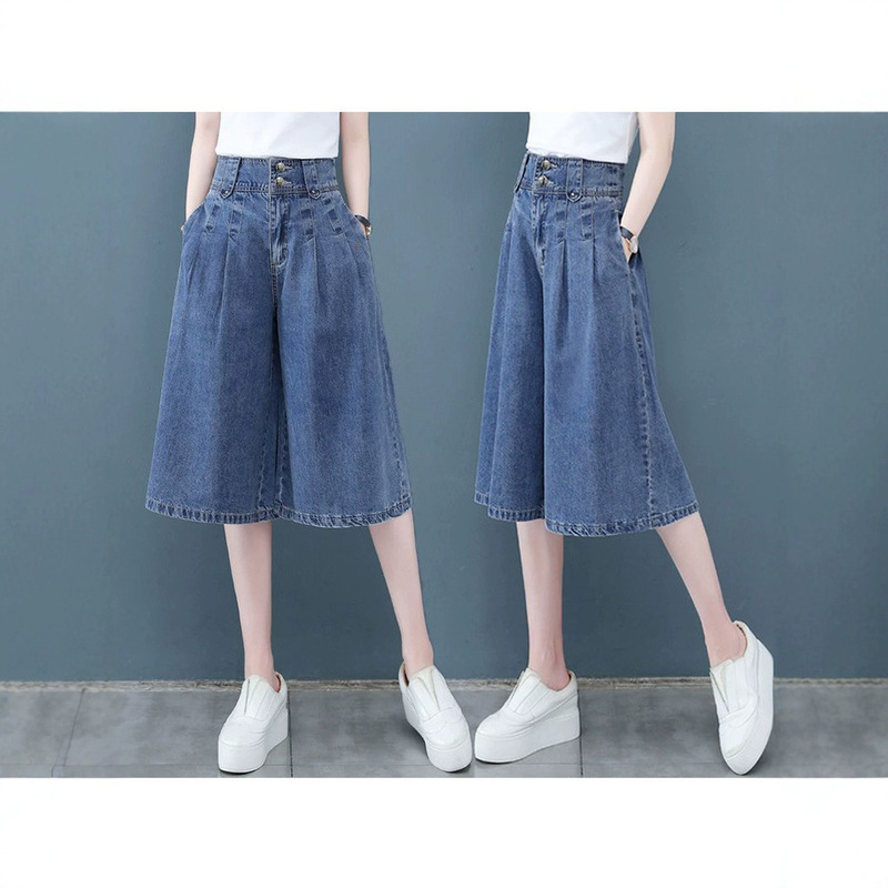 Tencel Denim Wide Leg Pants Women's Capri Pants Summer Thin Casual Loose Pants Skirt High Waist 67 Pants Straight Leg Pants Medium Pants