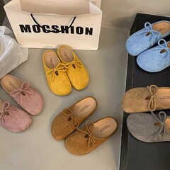 レトロ多用途フラットボーケンつま先スリッパ女性のための 2025 夏の新しいスタイルのリボンスリッポンソフトソールハーフスリッパ