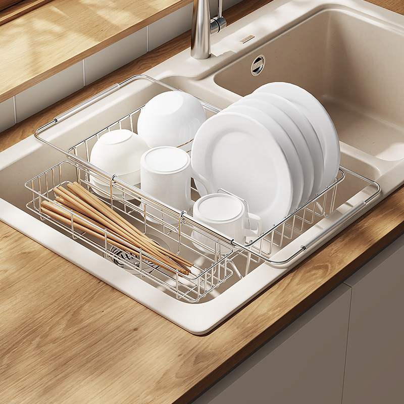 Stainless steel cross-border minimalist kitchen storage shelf, bowl and plate rack, household draining rack, extendable storage rack