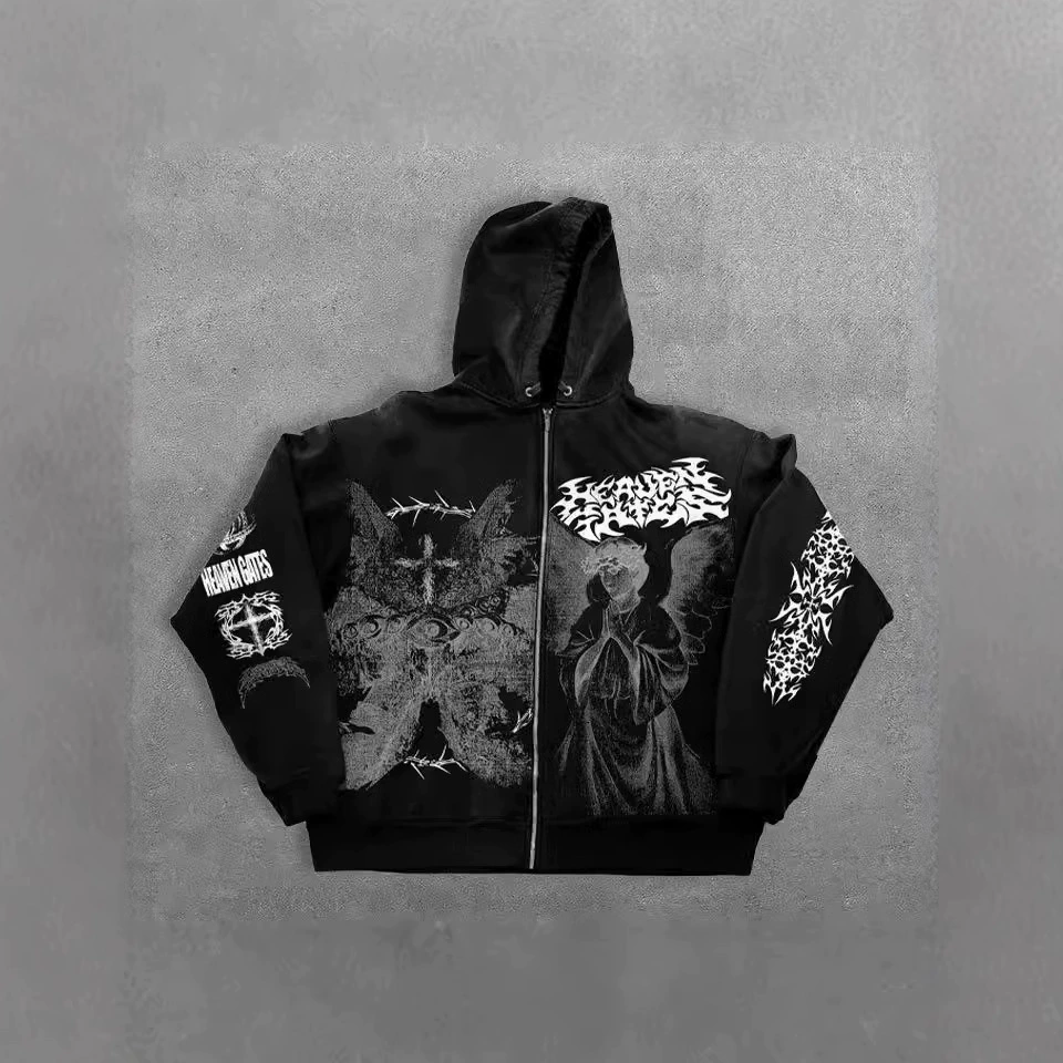 Американская осенне-зимняя новая толстовка с принтом ангела на молнии, мужская и женская свободная толстовка Y2K в стиле ретро