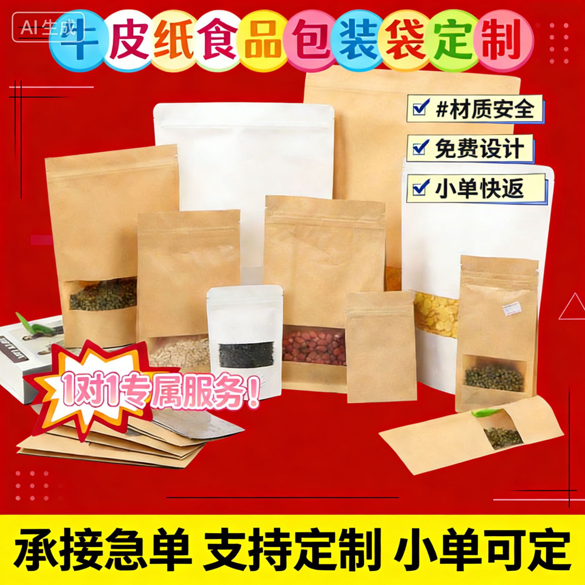 Spot bolsa de papel kraft con ventana transparente bolsa de embalaje de alimentos autosellada autoportante bolsa de té sellada de ocho lados fácil de rasgar
