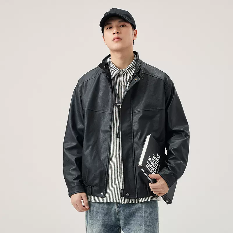 美式复古纯色百搭pu皮衣男士宽松大码潮牌立领机车皮夹克休闲外套