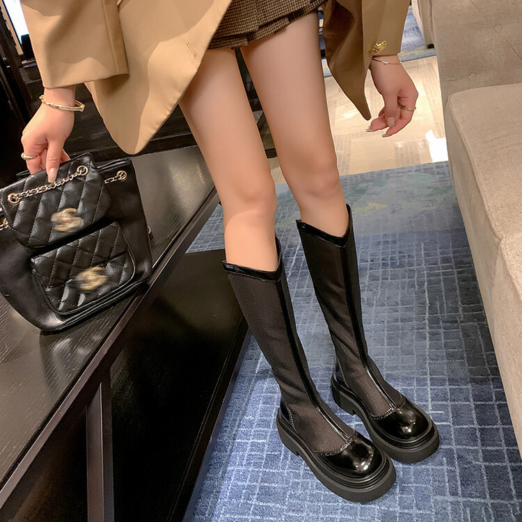 Boot lưới da thật cổ cao mũi tròn đế dày phối màu thoáng khí mùa hè — Màu đen cổ ống lớn, Ống nhỏ màu đen, Chu vi ống lớn màu trắng Be, Ống nhỏ màu be chi tiết 21