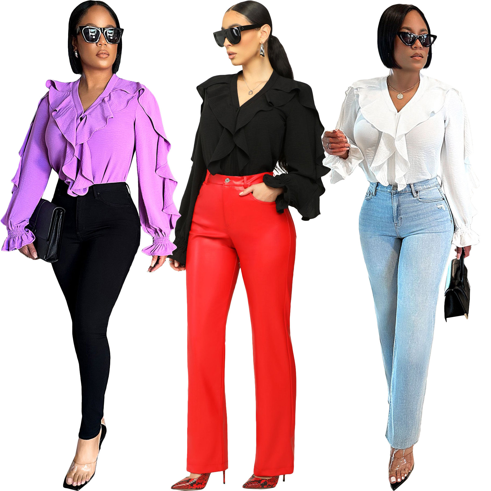 Einfarbiges Pendlerhemd mit Rüschen und unregelmäßigem Revers für Damen_voghion.com