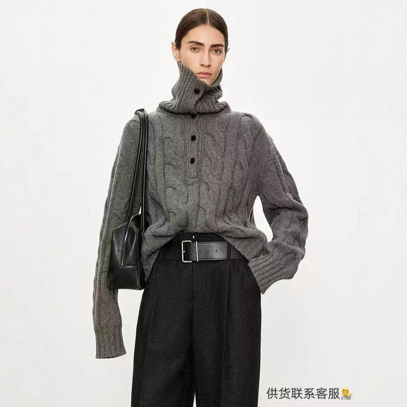 Vintage Loose Knit Sweater Old Money Style Wool Stand Collar Inverted t Shape Three-Dimensional 4-Ply Chunky Cable Sweater for Women in Autumn and Winter