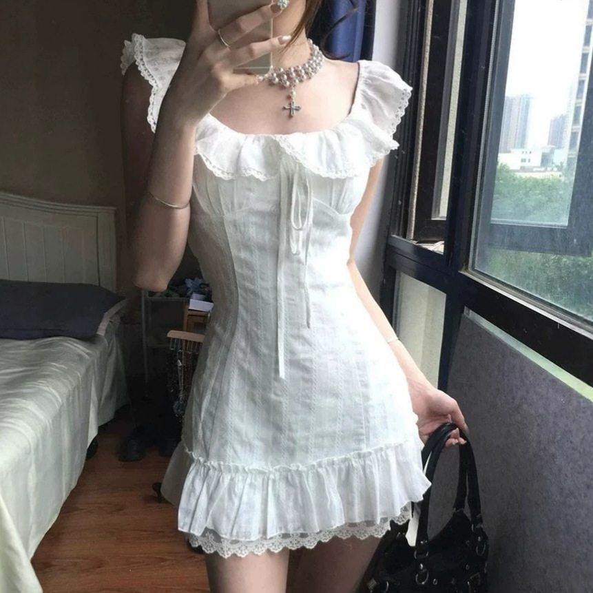 White Short Dress for Women, Summer Style, Beautiful Waist-Cinching First-Love Style Little White Dress, Stunningly Beautiful and Super Pretty Little Dress for Summer