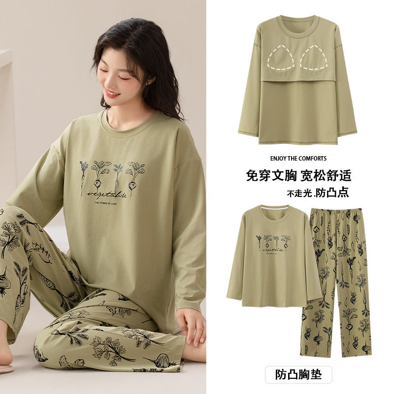 가슴 패드가 달린 여성용 잠옷 봄과 가을면 긴 소매 가을과 겨울 여성 풀오버 외모 면화 홈 의류 세트 입고