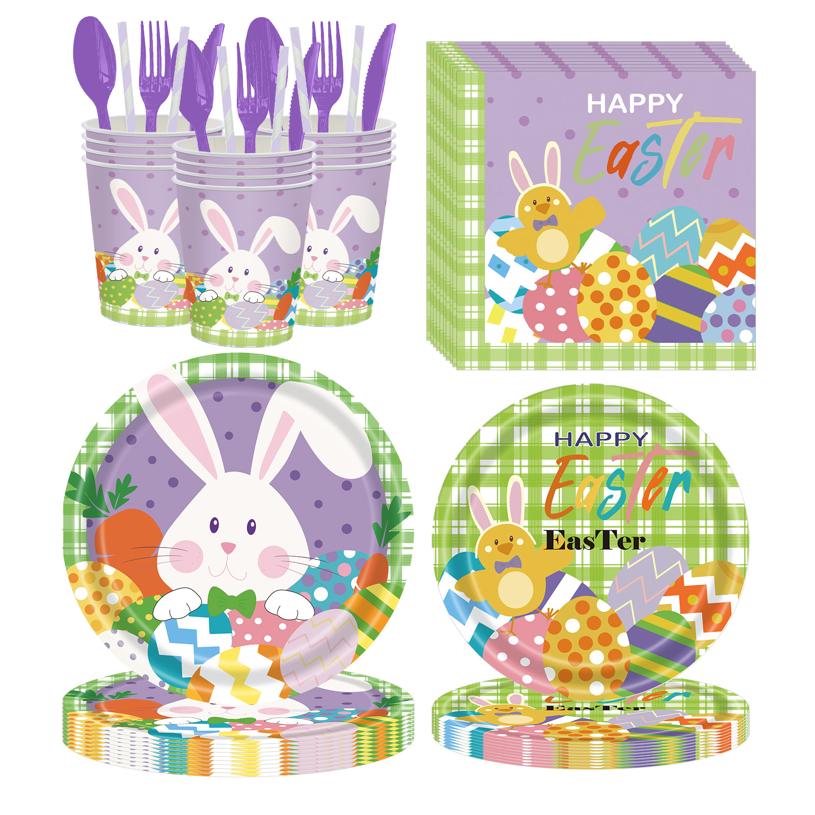 Pascua conejo púrpura huevo tema vacaciones suministros desechables papel placa decoración mantel partido vajilla