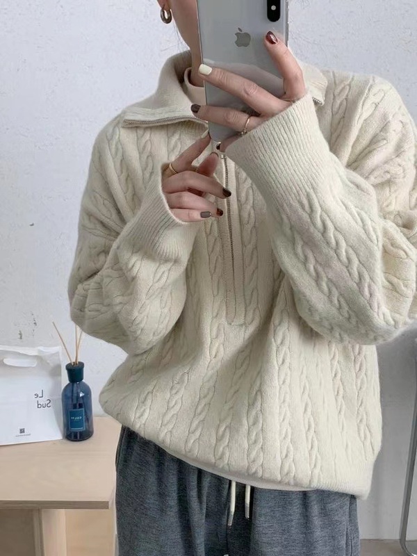 翻领设计感麻花拉链针织衫秋冬女装长袖纯色气质宽松上衣女套头|undefined