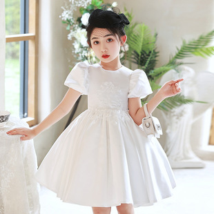Children's Dress White Satin 2025 New Summer Flower Girl Fluffy Princess Dress Catwalk Piano Performance Girl Dress