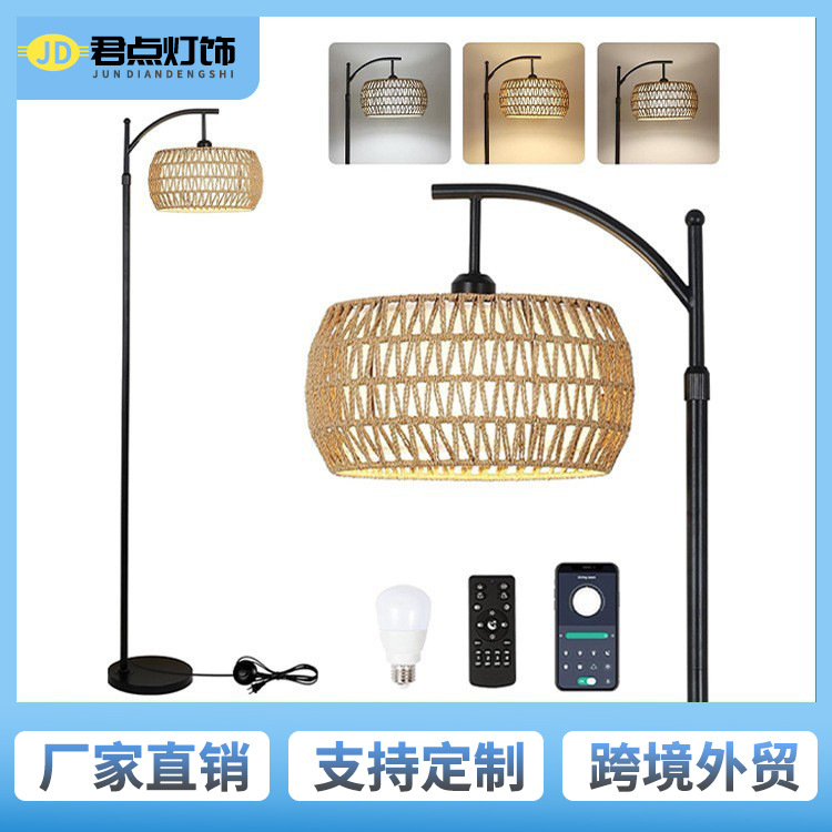 Amazon nuevos productos de vino bohemio artesanal tejido a mano retro americano 110V redondo tela lámpara de piso