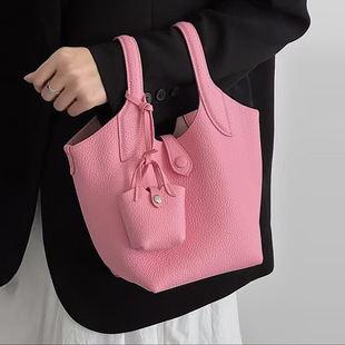2025 New Top Layer Cowhide Rafer Vegetable Basket Handbag Lazy Style Single Shoulder Crossbody Soft Bag All-match Bucket Bag