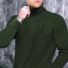 跨境秋冬外贸批发男士纯色高领毛衣欧码时尚扭麻花套头打底针织衫