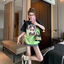 设计感撞色渐变宽松T恤女时尚卡通洋气减龄中长款洋气显瘦上衣潮