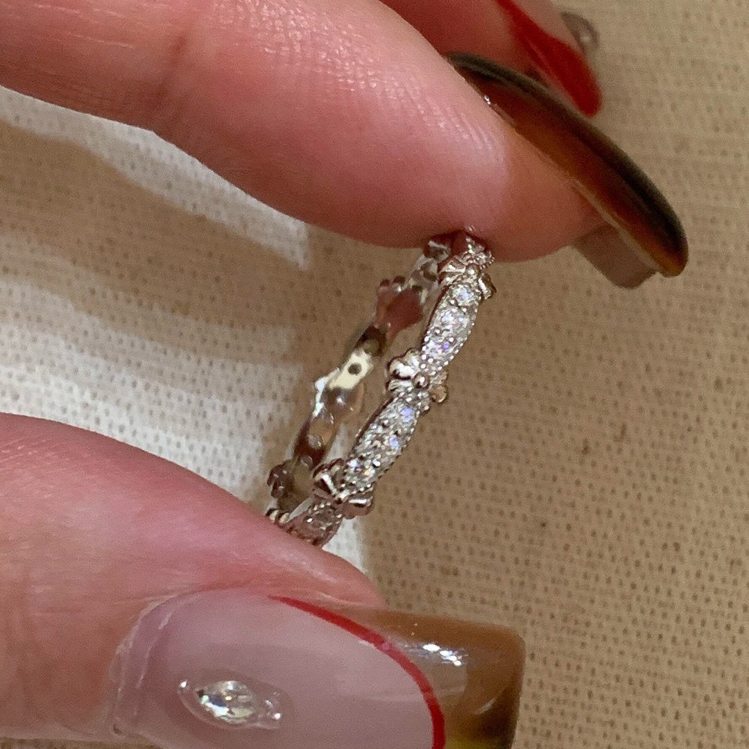 S925 Sterling Silver Vintage Lace Iris Flower Diamond-Encrusted Ring for Women, Adjustable Open Design, Niche High-End Style, Light Luxury, Versatile