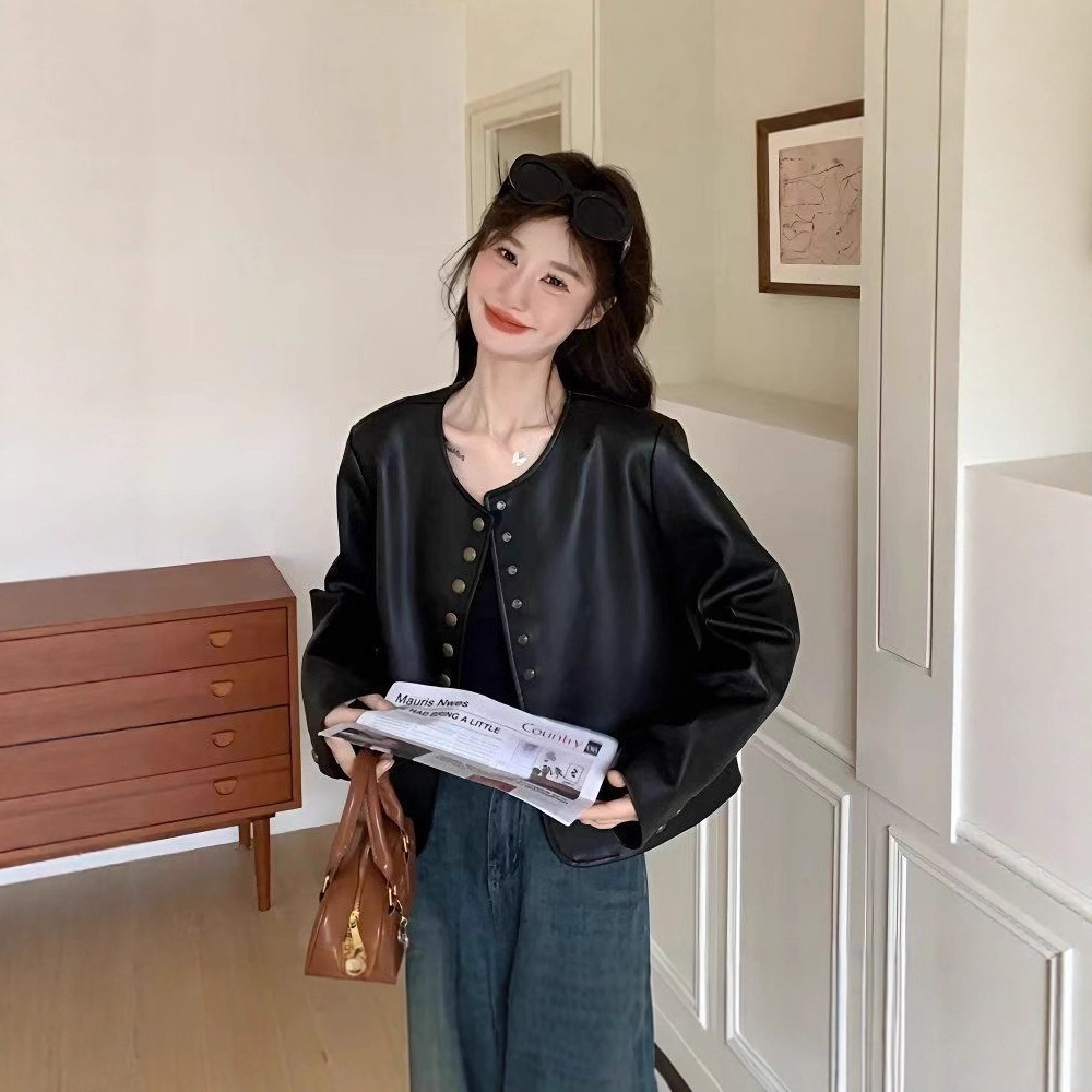 2024 Autumn and Winter New Casual Retro Small Fragrance Round Neck Gold Button Sheepskin Jacket Women's Short Genuine Leather Jacket