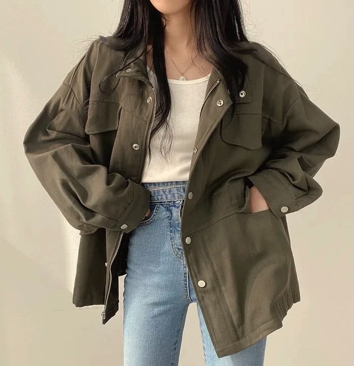 Пальто- Trench женскоеOversized корейский стиль, осеннее свободное кроя, военный зелёный и чёрный