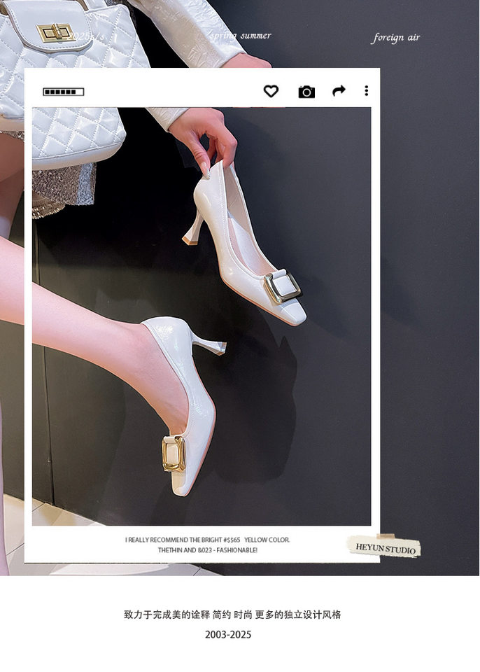 Giày cao gót nữ mũi vuông khóa vuông gót mảnh 6–8 cm — Màu trắng nhạt, Rượu vang đỏ, màu đen chi tiết 3