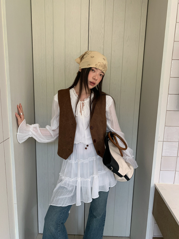 诠释美 NEWOPEN 25秋老钱风复古高级叠穿外搭v领短款马甲女F6559|undefined