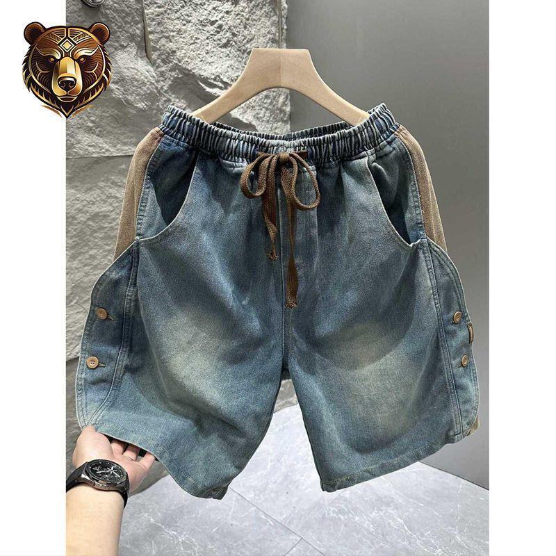 Summer new American-style trendy brand patchwork denim shorts for men, loose-fitting pocket cargo shorts, stylish straight-leg outerwear