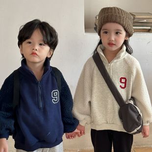 Children's fleece-lined sweater lamb wool stitching 2024 new autumn and winter boys' coat girls' spring and autumn baby coat