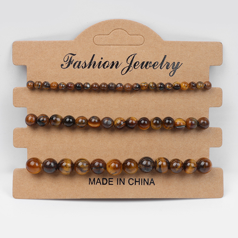 Temu Xiyin Tk Cross-Border 4Mm6Mm8Mm Three-Piece Set of Natural Stone Crystal Picture Stone Tiger Eye Stone Bead Bracelet
