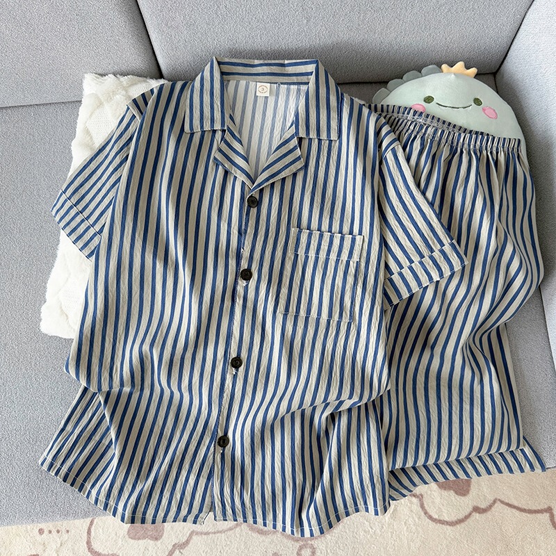 2026 New Korean Style Casual Striped Cloud Cotton Pajamas for Men, Summer Short-Sleeve Long Pants Cardigan Loungewear 2026 New Korean Style Casual Striped Cloud Cotton Pajamas for Men, Summer Short-Sleeve Long Pants Cardigan Loungewear