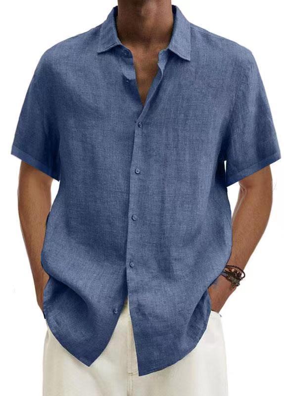 Camisa de Hombre Moderna de Verano 2025, Plataforma Independiente Wish, Éxito de Ventas en Amazon, Cuello en V, Botones, Algodón y Lino, Color Sólido