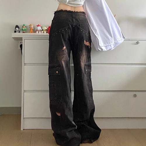American retro washed frayed workwear jeans for women, high street straight-leg loose and slimming wide-leg floor-length pants, trendy