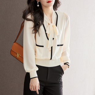 Real shot elegant floating collar shirt contrast color 2023 spring new fake two-piece shirt fashion
