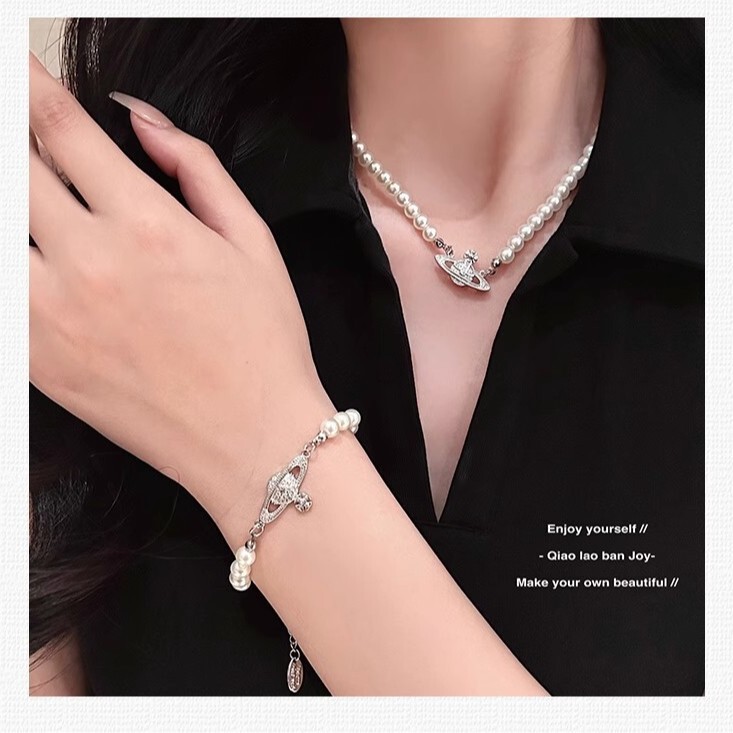 Titanium Steel Non-Fading Saturn Pearl Necklace Bracelet Set Empress Jewelry Choker with Diamonds Trendy Versatile
