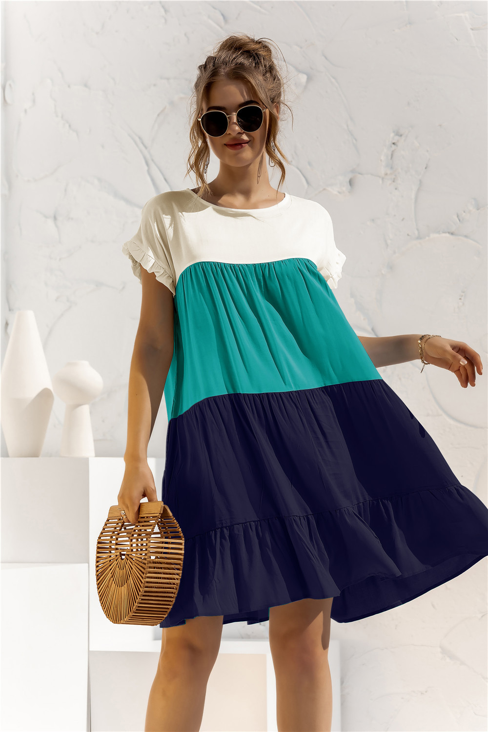 Women's Tiered Skirt Fashion Round Neck Patchwork Short Sleeve Color Block Above Knee Daily display picture 89